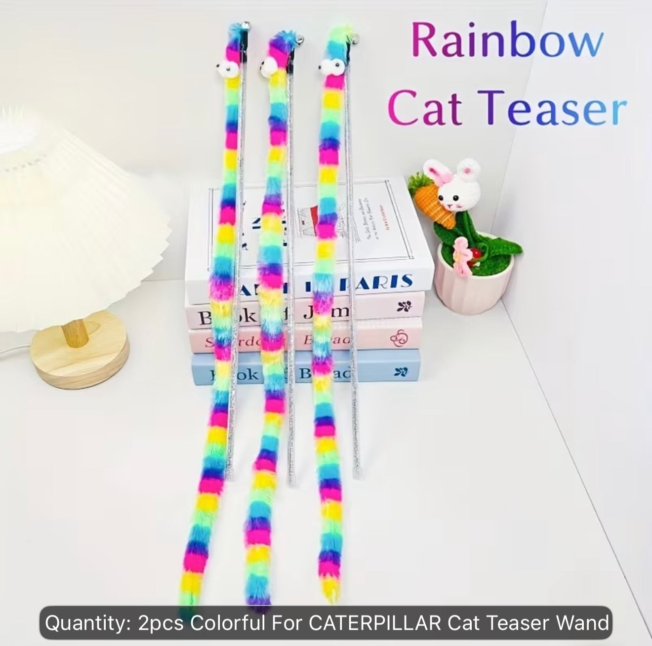 2 x Rainbow Wiggle Worm Cat Teasers Wands