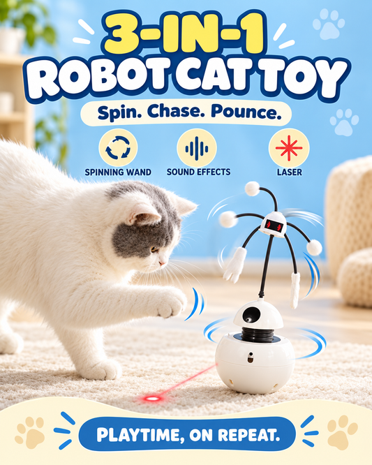 3 in 1 Interactive Robot Cat Toy with Spinning Wand and Laser