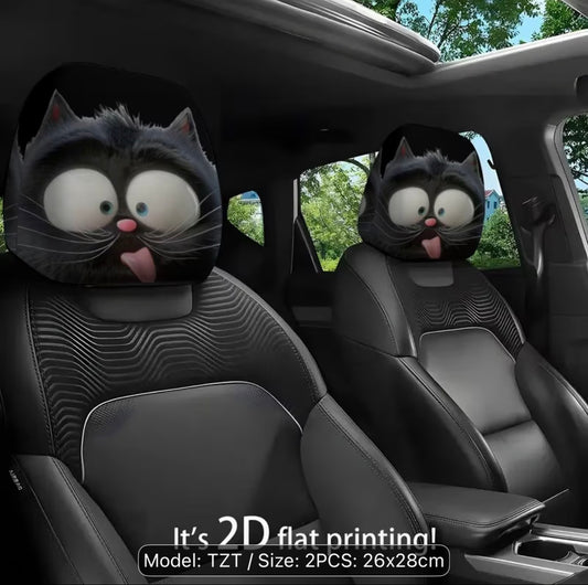 2pc Cartoon Black Cat Car Seat Headrest Covers