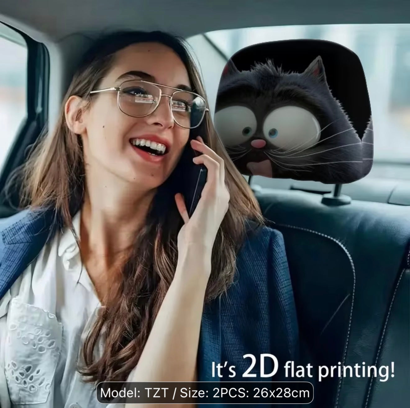 2pc Cartoon Black Cat Car Seat Headrest Covers